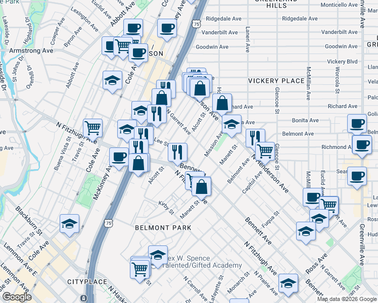 map of restaurants, bars, coffee shops, grocery stores, and more near 5006 Homer Street in Dallas