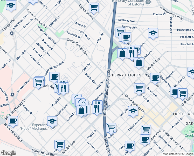 map of restaurants, bars, coffee shops, grocery stores, and more near 2919 Lucas Drive in Dallas