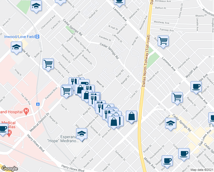 map of restaurants, bars, coffee shops, grocery stores, and more near 4712 Denton Drive in Dallas