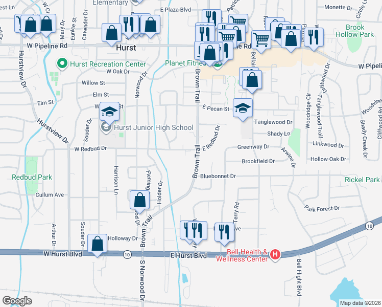 map of restaurants, bars, coffee shops, grocery stores, and more near 103 East Redbud Drive in Hurst