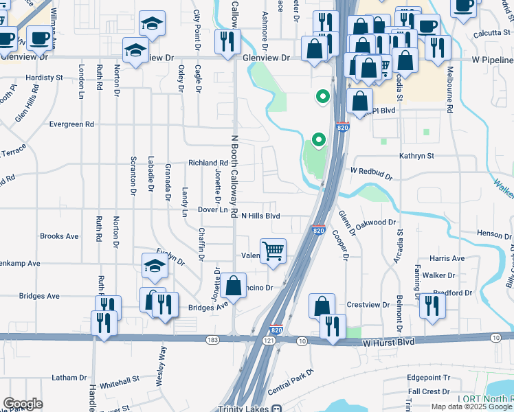 map of restaurants, bars, coffee shops, grocery stores, and more near 3202 North Hills Boulevard in Hurst