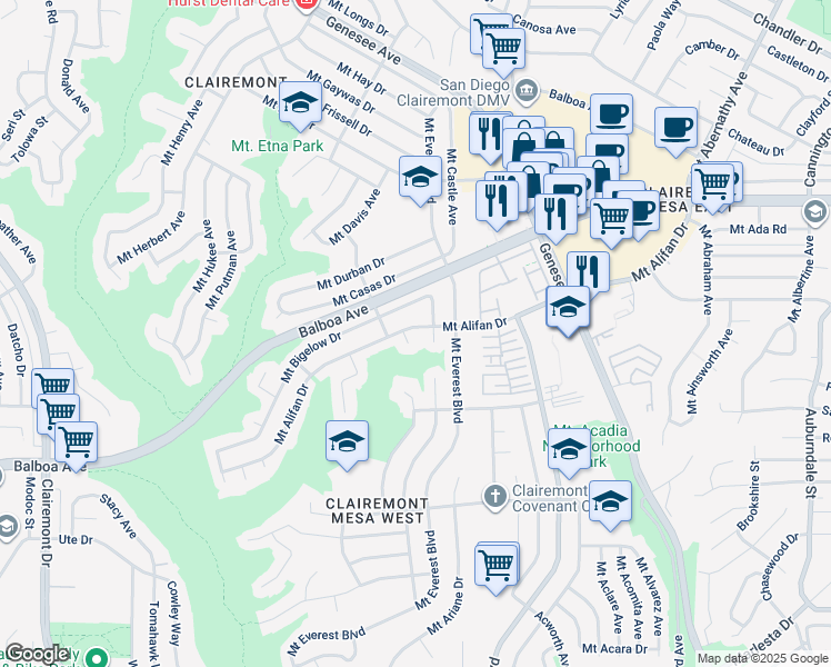 map of restaurants, bars, coffee shops, grocery stores, and more near 4051 Mount Bross Avenue in San Diego