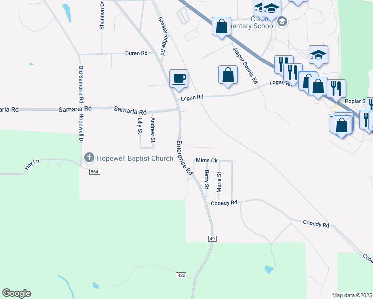 map of restaurants, bars, coffee shops, grocery stores, and more near 136 Mims Circle in Clanton