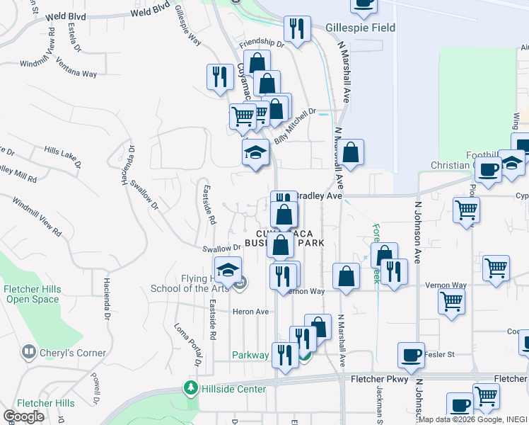 map of restaurants, bars, coffee shops, grocery stores, and more near 1510 Eagle Lane in El Cajon