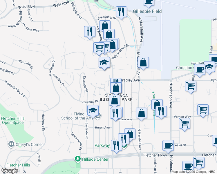 map of restaurants, bars, coffee shops, grocery stores, and more near 1510 Eagle Lane in El Cajon