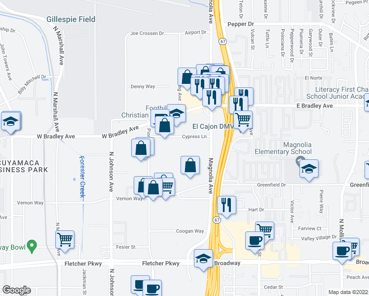 map of restaurants, bars, coffee shops, grocery stores, and more near 315 Cypress Lane in El Cajon