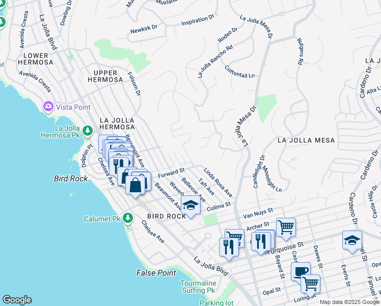 map of restaurants, bars, coffee shops, grocery stores, and more near 5643 Linda Rosa Avenue in San Diego