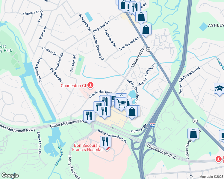 map of restaurants, bars, coffee shops, grocery stores, and more near 2030 Charlie Hall Boulevard in Charleston