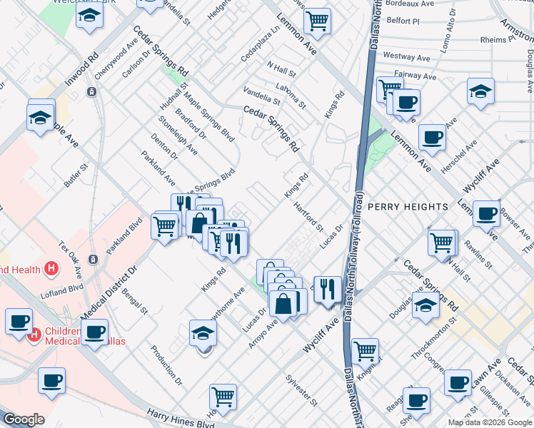 map of restaurants, bars, coffee shops, grocery stores, and more near 4712 Denton Drive in Dallas