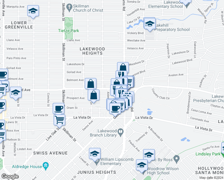 map of restaurants, bars, coffee shops, grocery stores, and more near 6318 Richmond Avenue in Dallas