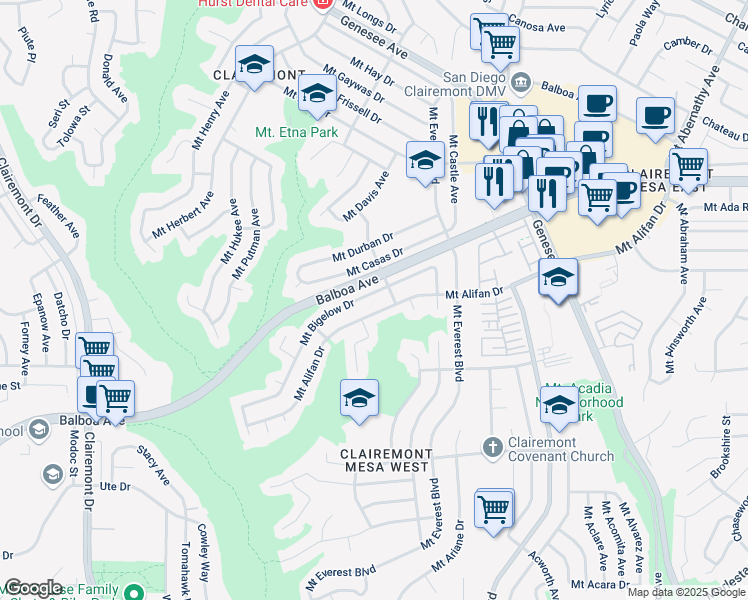 map of restaurants, bars, coffee shops, grocery stores, and more near 4836 Mount Alifan Drive in San Diego