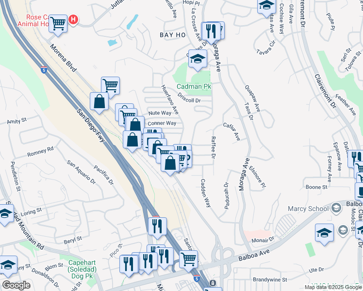 map of restaurants, bars, coffee shops, grocery stores, and more near 4099 Huerfano Avenue in San Diego