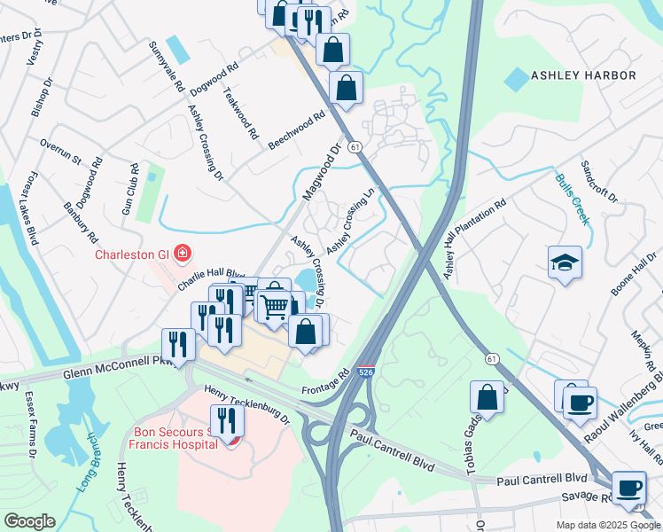 map of restaurants, bars, coffee shops, grocery stores, and more near 1900 Ashley Crossing Drive in Charleston