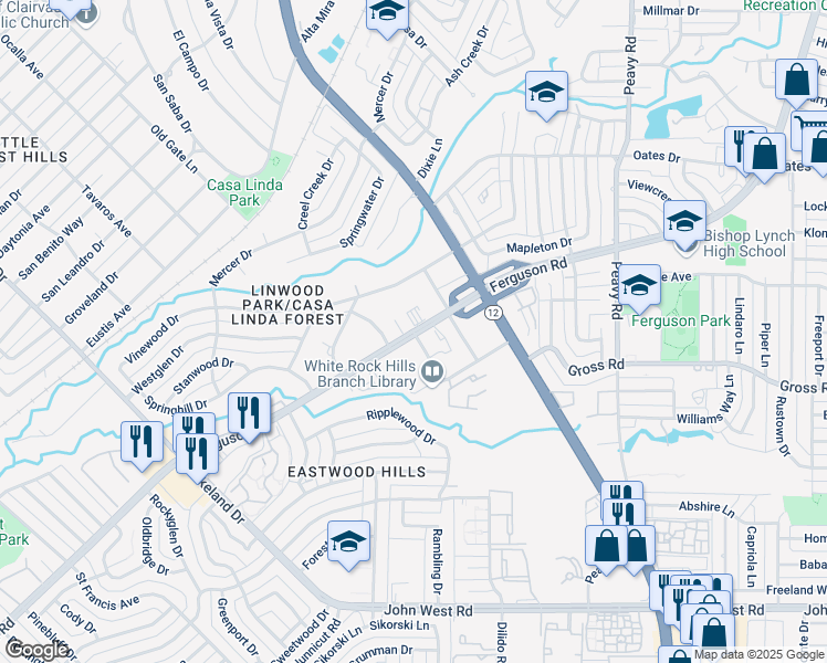 map of restaurants, bars, coffee shops, grocery stores, and more near Hibiscus Drive in Dallas