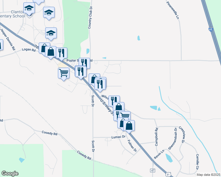 map of restaurants, bars, coffee shops, grocery stores, and more near 425 Trilliam Lane in Clanton