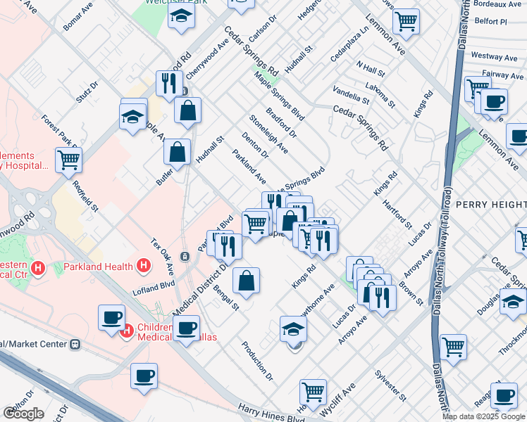map of restaurants, bars, coffee shops, grocery stores, and more near 2519 Maple Springs Boulevard in Dallas