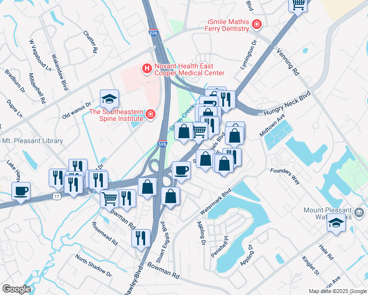 map of restaurants, bars, coffee shops, grocery stores, and more near 1460 Highway 17 in Mount Pleasant