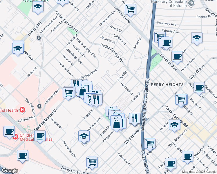 map of restaurants, bars, coffee shops, grocery stores, and more near 2727 Kings Road in Dallas