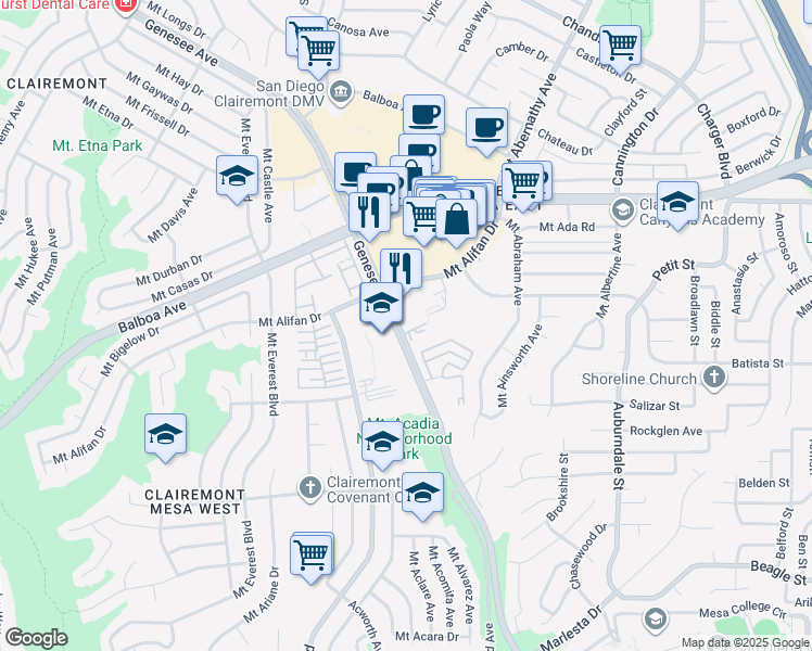 map of restaurants, bars, coffee shops, grocery stores, and more near 4186 Mount Alifan Drive in San Diego