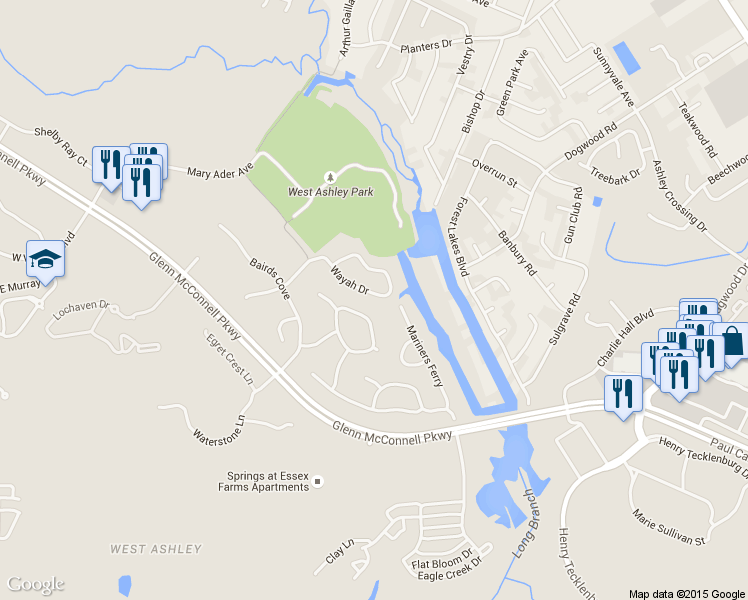 map of restaurants, bars, coffee shops, grocery stores, and more near 1711 Wayah Drive in Charleston