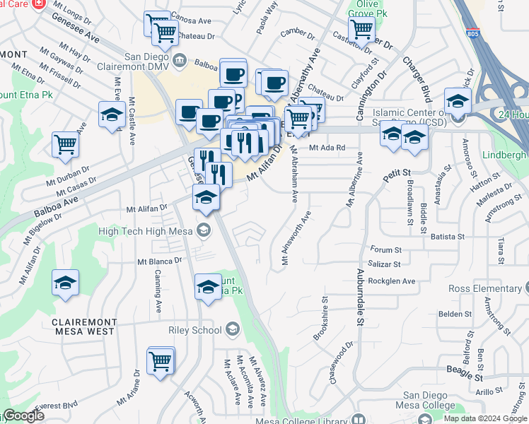 map of restaurants, bars, coffee shops, grocery stores, and more near 3843 Caminito Aguilar in San Diego