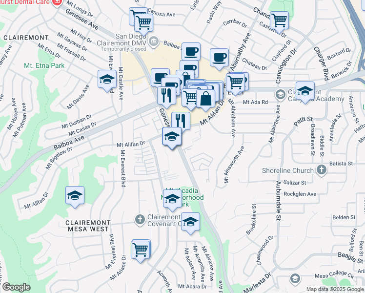 map of restaurants, bars, coffee shops, grocery stores, and more near 4186 Mount Alifan Drive in San Diego
