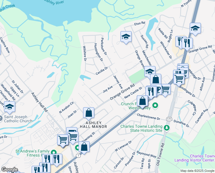 map of restaurants, bars, coffee shops, grocery stores, and more near 1429 Joy Avenue in Charleston