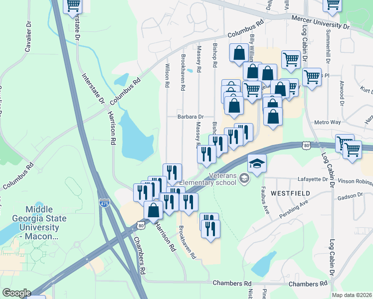 map of restaurants, bars, coffee shops, grocery stores, and more near 4827 Massey Road in Macon