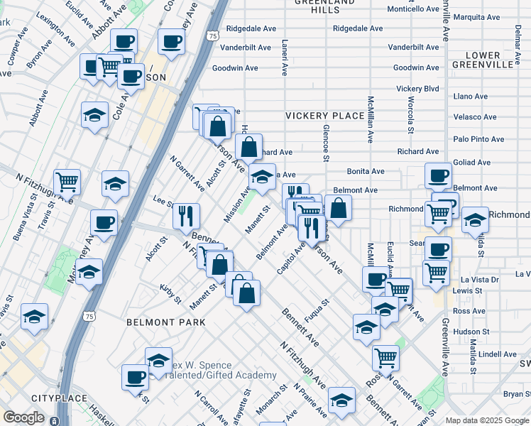 map of restaurants, bars, coffee shops, grocery stores, and more near 2525 North Henderson Avenue in Dallas