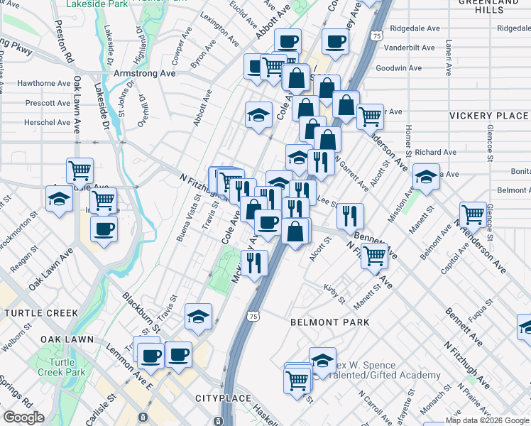 map of restaurants, bars, coffee shops, grocery stores, and more near 4151 North Central Expressway in Dallas
