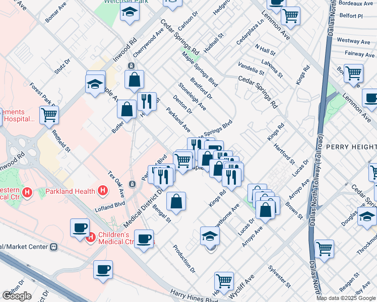 map of restaurants, bars, coffee shops, grocery stores, and more near 2519 Maple Springs Boulevard in Dallas
