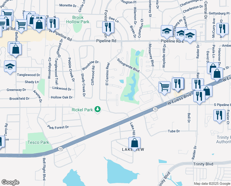 map of restaurants, bars, coffee shops, grocery stores, and more near 1605 El Camino Real in Euless