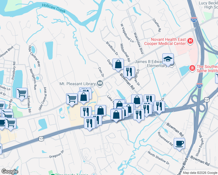 map of restaurants, bars, coffee shops, grocery stores, and more near 716 Natchez Circle in Mount Pleasant