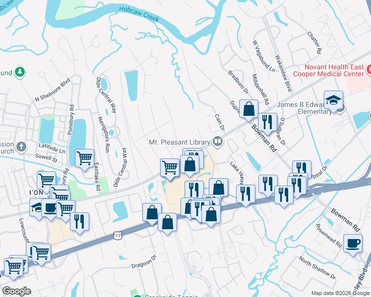 map of restaurants, bars, coffee shops, grocery stores, and more near 956 Mathis Ferry Road in Mount Pleasant