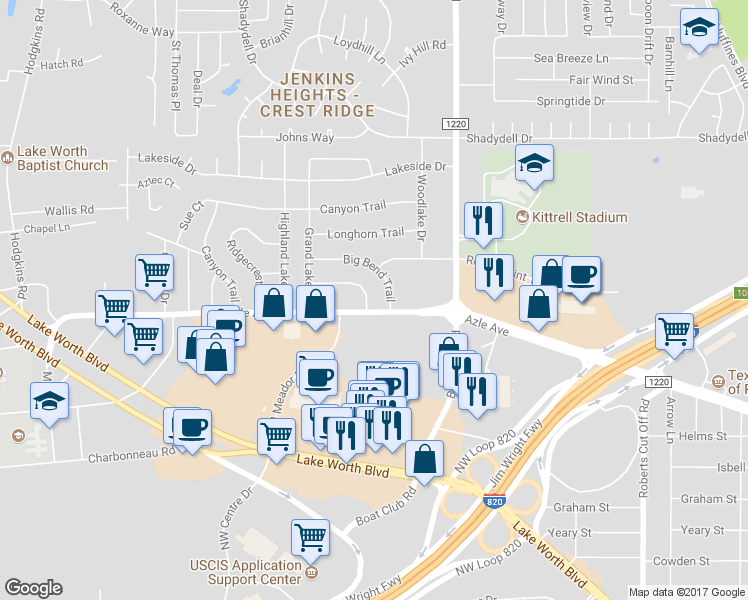 map of restaurants, bars, coffee shops, grocery stores, and more near 4100 Circle Trail in Fort Worth