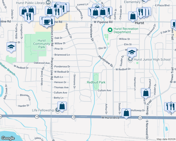 map of restaurants, bars, coffee shops, grocery stores, and more near 613 West Redbud Drive in Hurst