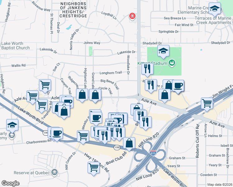 map of restaurants, bars, coffee shops, grocery stores, and more near 4100 Circle Trail in Fort Worth