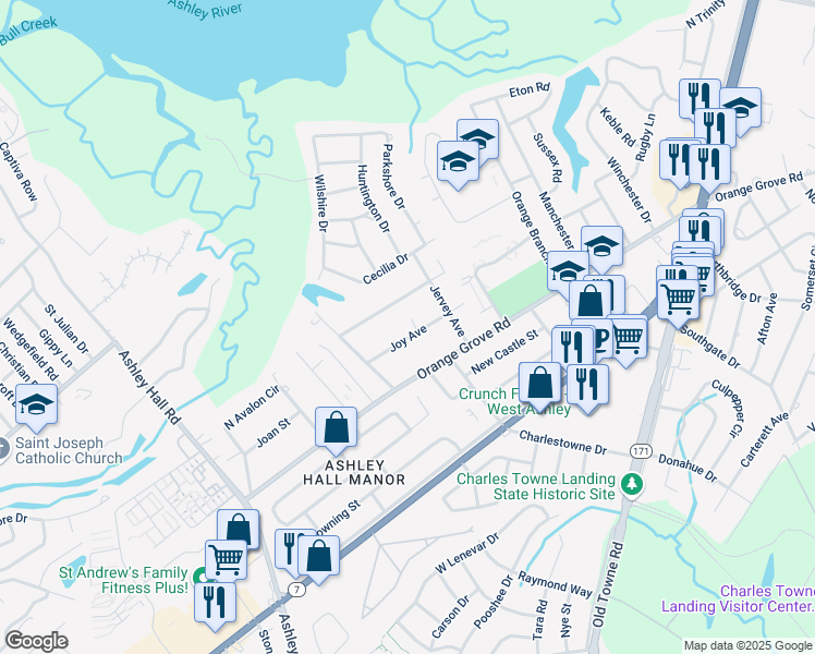 map of restaurants, bars, coffee shops, grocery stores, and more near 1429 Joy Avenue in Charleston