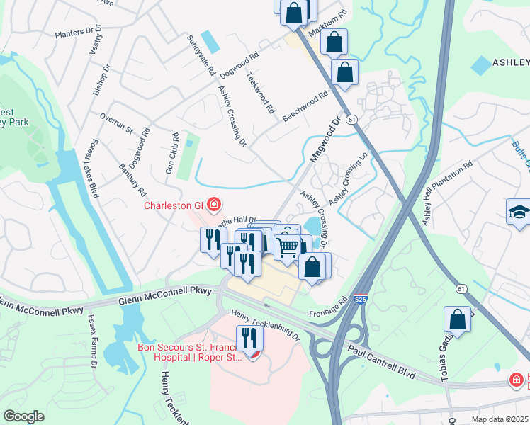 map of restaurants, bars, coffee shops, grocery stores, and more near 2030 Charlie Hall Boulevard in Charleston