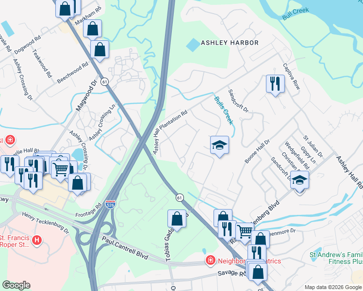 map of restaurants, bars, coffee shops, grocery stores, and more near 78 Ashley Hall Plantation Road in Charleston