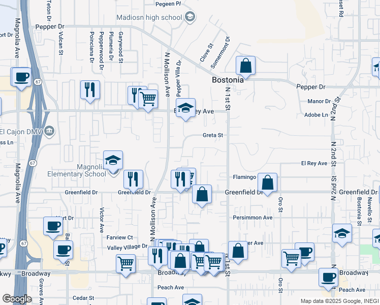 map of restaurants, bars, coffee shops, grocery stores, and more near 1552 Cajon Greens Place in El Cajon