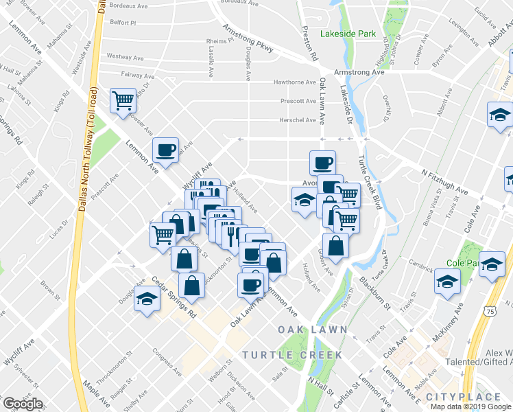 map of restaurants, bars, coffee shops, grocery stores, and more near 4026 Holland Avenue in Dallas