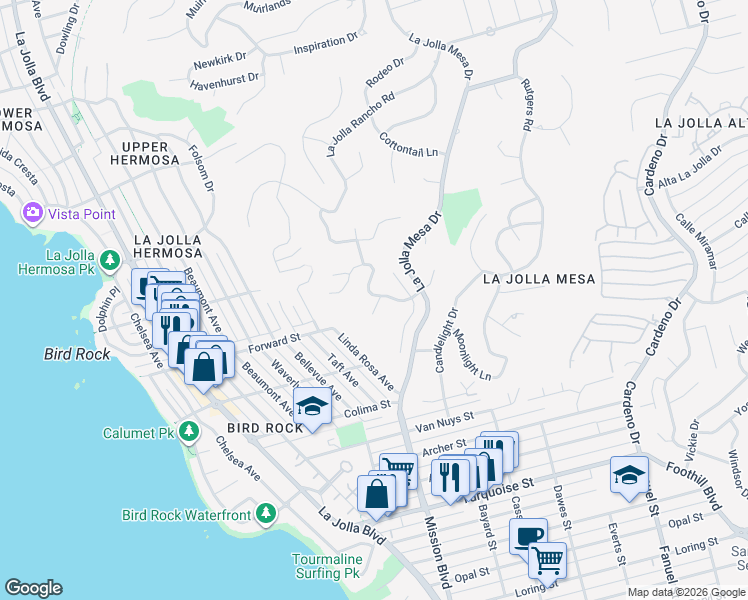 map of restaurants, bars, coffee shops, grocery stores, and more near 1085 Skylark Drive in San Diego