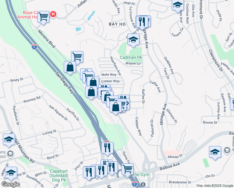 map of restaurants, bars, coffee shops, grocery stores, and more near 4070 Huerfano Avenue in San Diego