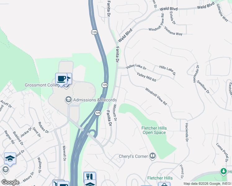 map of restaurants, bars, coffee shops, grocery stores, and more near 1524 Whitsett Drive in El Cajon