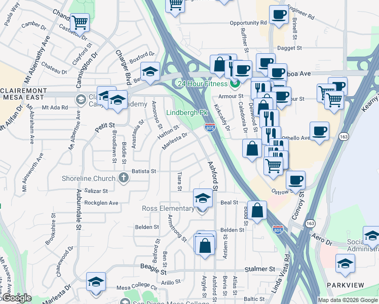 map of restaurants, bars, coffee shops, grocery stores, and more near 7460 Batista Street in San Diego