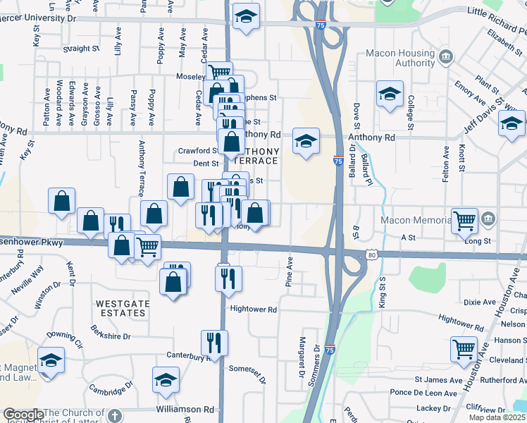 map of restaurants, bars, coffee shops, grocery stores, and more near 2442 Adams Avenue in Macon