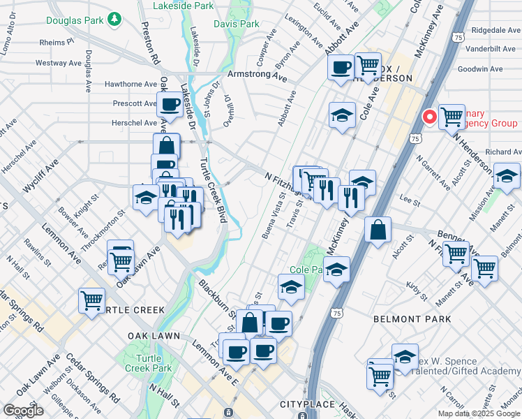 map of restaurants, bars, coffee shops, grocery stores, and more near 3922 Stonebridge Drive in Dallas