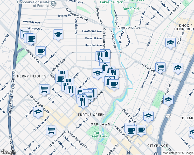 map of restaurants, bars, coffee shops, grocery stores, and more near 3905 Gilbert Avenue in Dallas