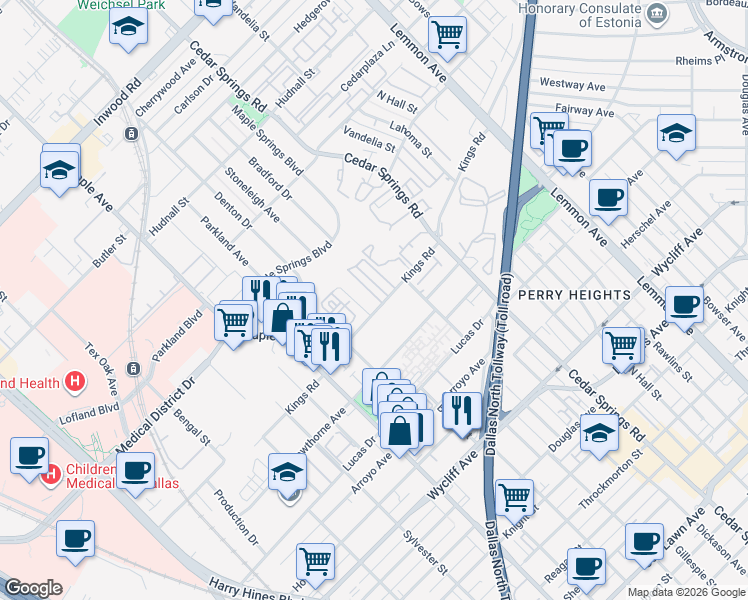 map of restaurants, bars, coffee shops, grocery stores, and more near 4712 Denton Drive in Dallas